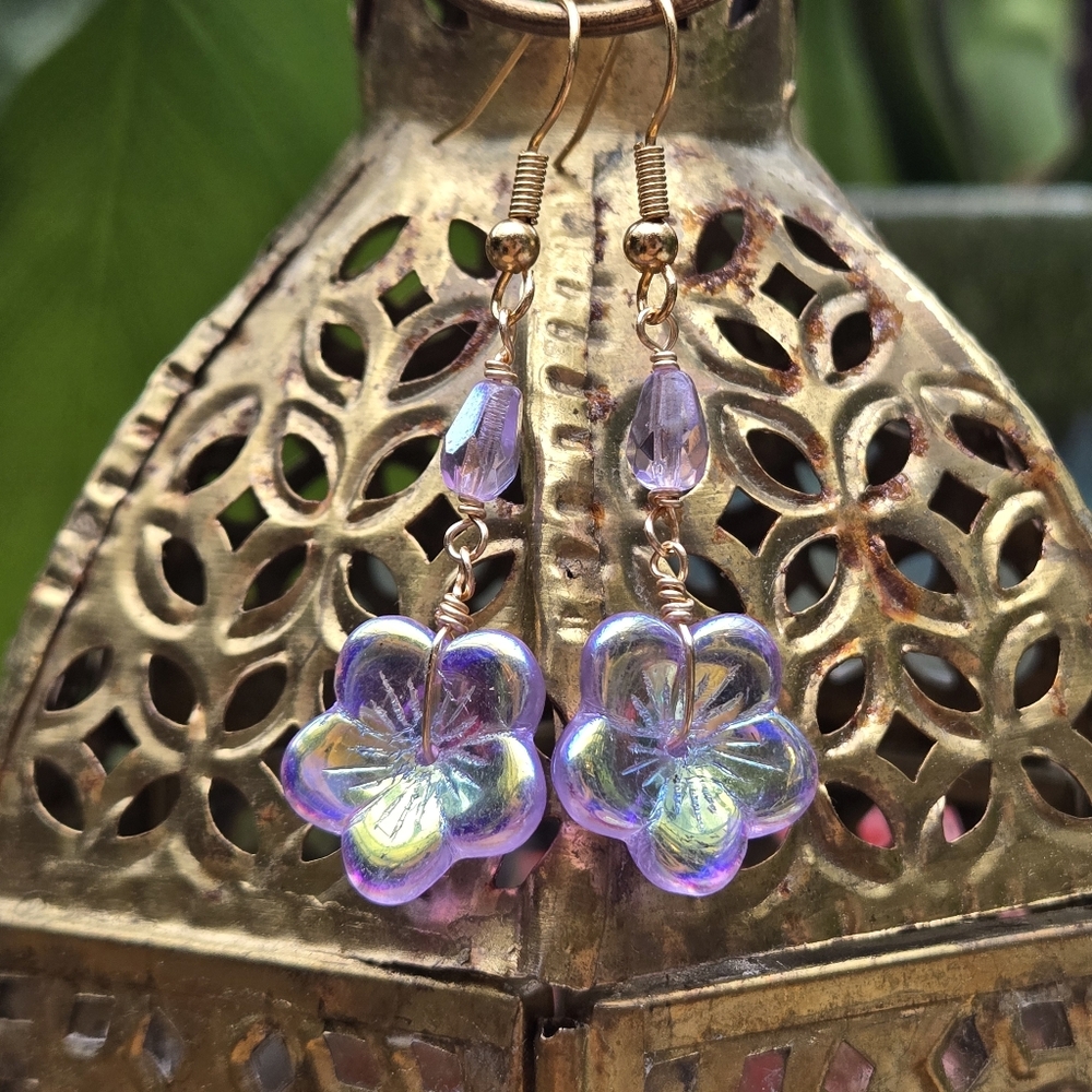 Thistle Purple AB Czech Glass Flower Dangle Earrings, NEW 18K Gold Plated Hooks - Picture 6 of 9